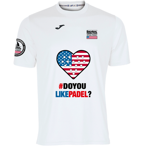 Camiseta Barcelona Padel Tour Joma hombre "Do you like padel" USA blanca